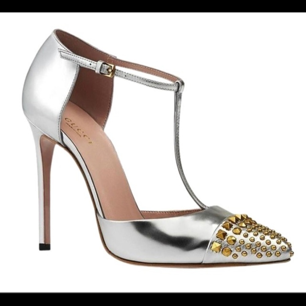 GUCCI SILVER ARGENTO  T-STRAP PUMPS